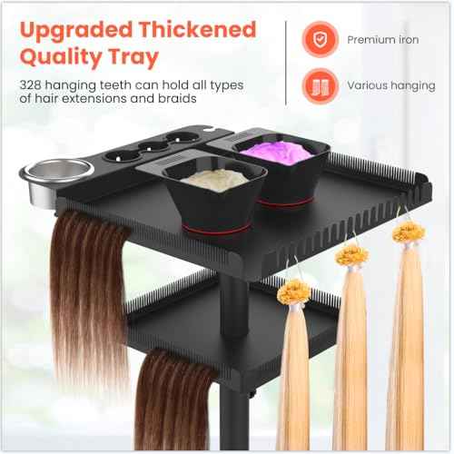 TASALON Professional Hair Extensions Organizer Cart Metal Salon Tray Cart with 2 Magnetic Bowls, Hair Dryer Holder,Adjustable Rolling Base, Black