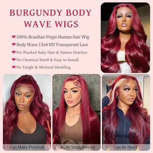 Smavida 99j Burgundy Lace Front Wigs Human Hair Body Wave 13x4 HD Transparent Lace Frontal Wigs for Black Women 180% Density 22 Inch Colored Wine Red Glueless Wig Pre Plucked with Baby Hair