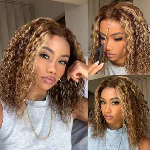 Glueless Bob Wigs Human Hair 5x5 Water Wave Closure Bob Wig Human Hair 4/27 Ombre Highlight Wear and Go Glueless Wig Pre Plucked Pre Cut Wig Human Hair Natural Hairline 180% Density £¨16inch£©