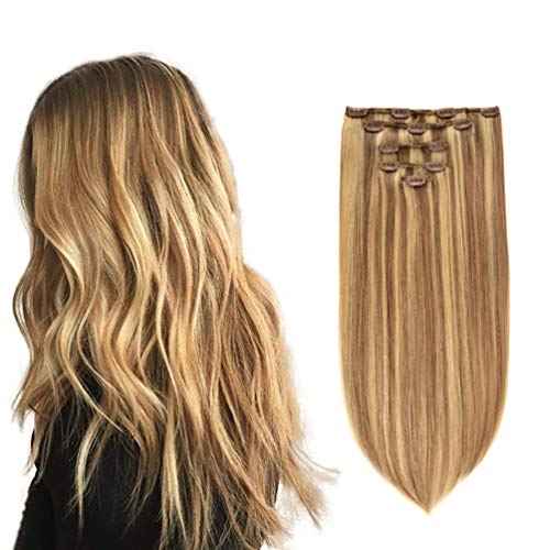 5 Pieces 18" Remy Clip in Ombre Hair Extensions Human Hair Light Blonde Mixed Golden Blond Highlights - Silky Straight Long Thick Real Hair Extensions for Women Fashion (18 inches, #16/22, 90grams)