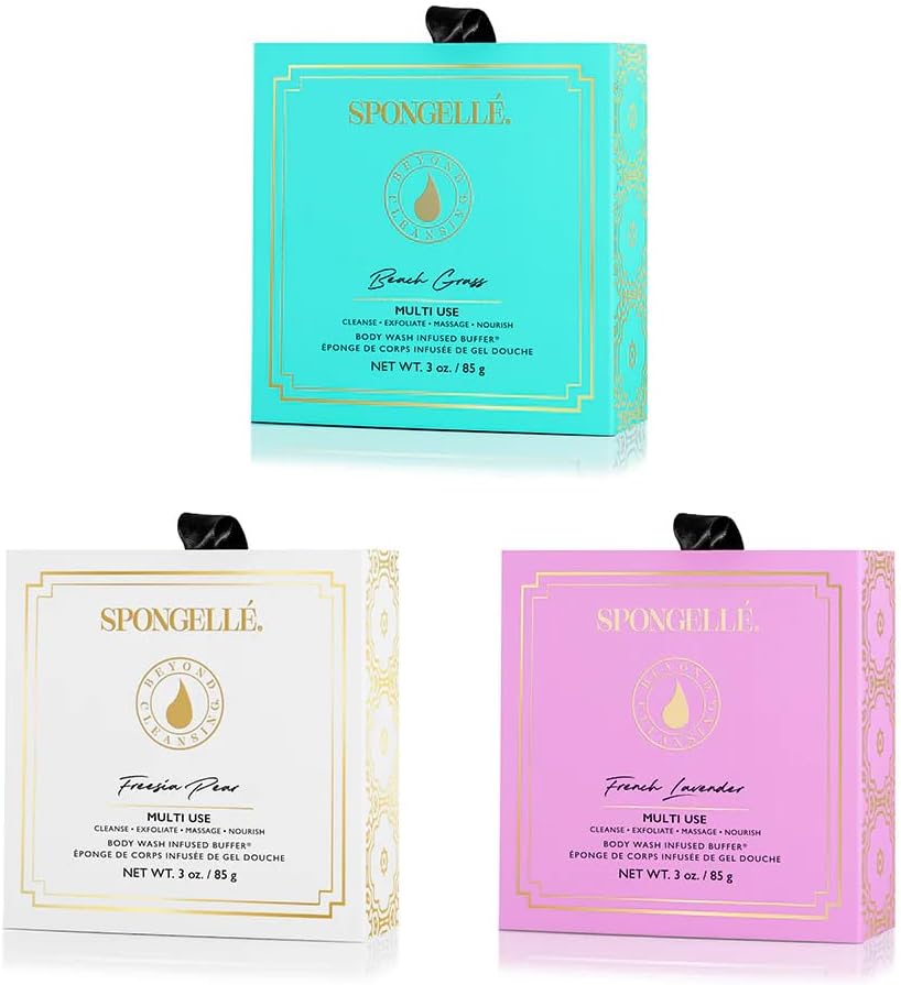 Spongellé Wild Flower Bath Sponge Bundle - Built-In Body Wash & Scrubber | Beach Grass, French Lavender, Freesia Pear | 14+ Uses, Perfect Mother's Day Gift