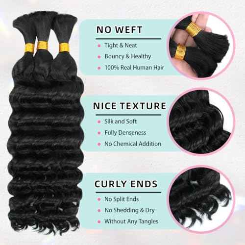 16 Inch Deep Wave Human Braiding Hair for Boho Braids ? 120g 3 Bundles/Pack Natural Black 100% Unprocessed 12A Brazilian Virgin Human Hair Bulk, No Weft, Wet & Wavy Curly Extensions