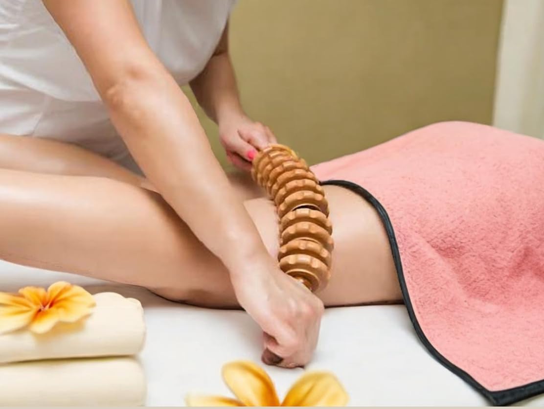 Wood Massage Roller. Curved Design to Target Different Areas of the Body. Relieves Muscle Tension + Improves Circulation + Reduces Signs of Cellulite + Promotes Relaxation.