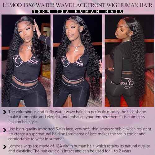 Lemoda 13x6 Water Wave Lace Front Wigs Human Hair 20 inch HD Lace Brazilian 15A Deep Wave Frontal Wigs 180% Density 13x6 Curly Human Hair Wig with Baby Hair Glueless Water Wave Wig For Black Women