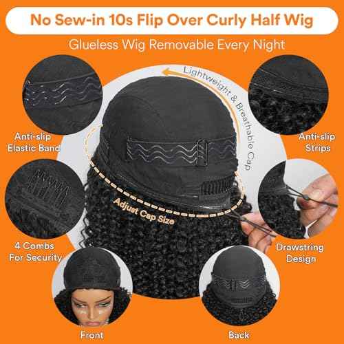 Kinky Curly Half Wig Human Hair 250% Density 20 Inch 3 In 1 Seamless Flip Over Drawstring Ponytail Headband Wig Human Hair Glueless Wear and Go 100% Human Hair Burmese Kinky Curly Half Wigs