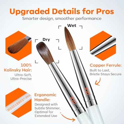 Modelones Pro Luxe Acrylic Nail Brush, 100% Pure Kolinsky Sable Hair Size 10 Oval Crimped Shaped Sturdy Ergonomic Handle for Acrylic Powder Sculpting Nail Art Brushes Professional Salon DIY Use
