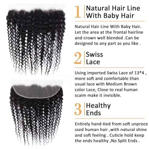 13x4 Lace Frontal Closure Deep Wave Human Hair Ear to Ear HD Lace Frontal Closure Free Part Brazilian Deep Curly Hair Extensions 180% Density Human Hair Pre Plucked with Baby Hair (22 Inch)