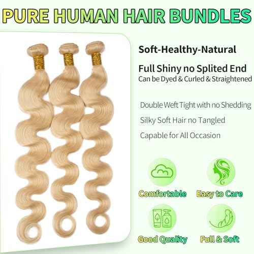 Human Hair Bundles Body Wave Blonde Color, 26 Inch - 1 Bundle - #613, Antousha Body Wave Bundles Human Hair 12A Brazilian Virgin Wavy Hair Bundles for Women