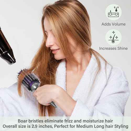 BRUSHZOO Round Brush for Blow Out, Boar Bristle Round Brush for Women Add Shine Volume, Hairbrush for Women Blow Drying Styling