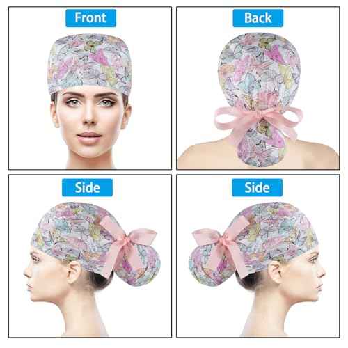 Scrub Caps Women Bouffant Scrub Hats Caps Nurses, Adjustable Working Cap Ponytail Pouch Tie Back Hats