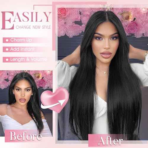 Clip in Synthetic Hair Extensions Black Long Straight 4PCS Thick Hairpiecesx Fiber Double Weft Natural Hair Extensions 22 Inch for Women