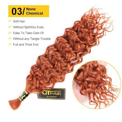 QTHAIR Water Wave Bulk Human Hair For Braiding, 16A, No Weft, 100% Unprocessed Brazilian Water Wave Virgin Hair, 2 Bundles, Micro Braiding (#350(Ginger), 22"-100g, Curly)