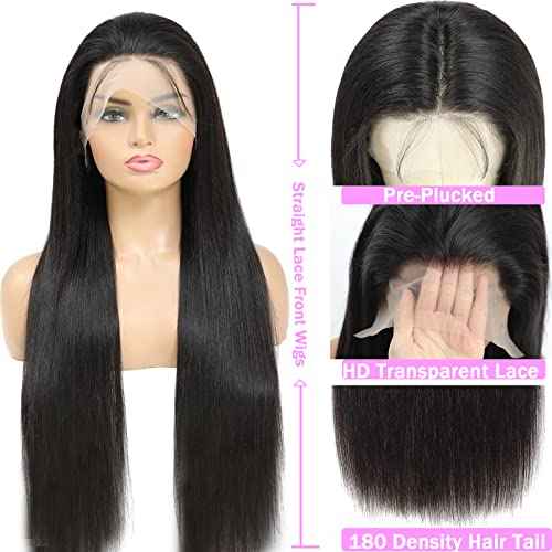 13x6 Lace Front Wigs Human Hair Pre Plucked 180 Density 24 Inch Straight Lace Front Wigs HD Lace Frontal Wigs for Women Natural Black with Baby Hair Glueless Wigs