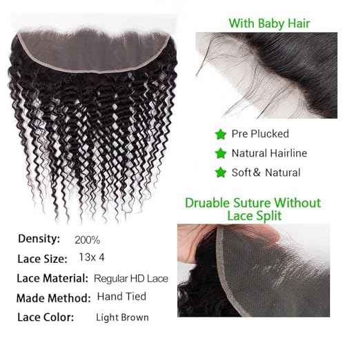 13x4 Lace Frontal Closure Deep Wave Regular HD Lace, 200% Density, 100% Brazilian Virgin Human Hair Ear to Ear HD Lace Frontal Pre Plucked with Baby Hair Natural Black Color 18 Inch