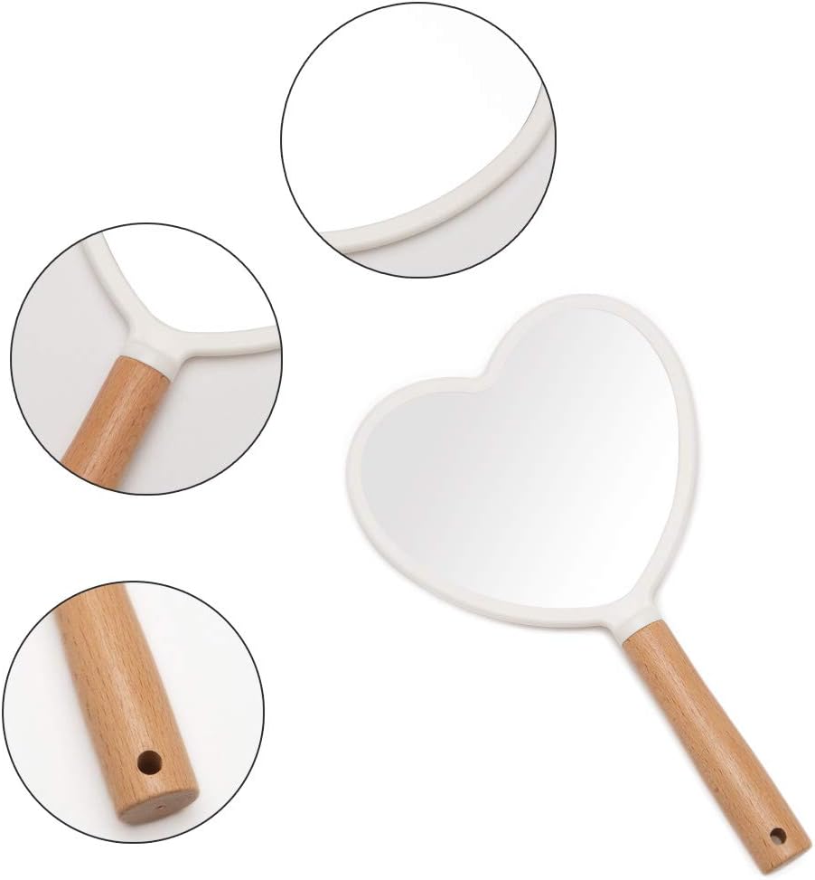 YEAKE Hand Held Mirror with Handle for Makeup,Small Cute Wood Hand Mirror for Shaving with Hole Hanging Single-Sided Portable Travel Vanity Mirror for Men&Women(Heart)