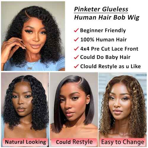 Bob Wig Human Hair Deep Wave Glueless Wigs Human Hair Pre Plucked Pre Cut 4x4 Wear and Go Wig for Black Women Beginner Friendly Natural Color (Glueless Curly Wig, 16inch)