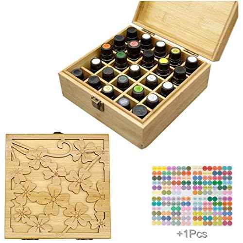 Pure Vie Bamboo Essential Oil Storage Box Travel Organizer Case with Bottle Cap Label - Aromatherapy Nail Polish Fragrance Container, Holds 25 Bottle for 5-15ml - Keep Scented Oil Safe & Space Saver