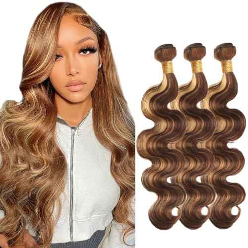 P427 Blonde Bundles Human Hair Body Wave Bundles 24 26 28 Inch Human Hair Weave 3 Bundle Unprocessed Brazilian Virgin Hair Highlight Brown Body Wave Human Hair Extensions 50 Grams/Bundle