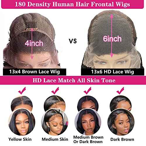 13x6 Lace Front Wigs Human Hair 180 Density HD Transparent Straight Lace Front Human Hair Wigs for Women Straight Lace Front Wigs Pre Plucked with Baby hair Natural Color (24 Inch)