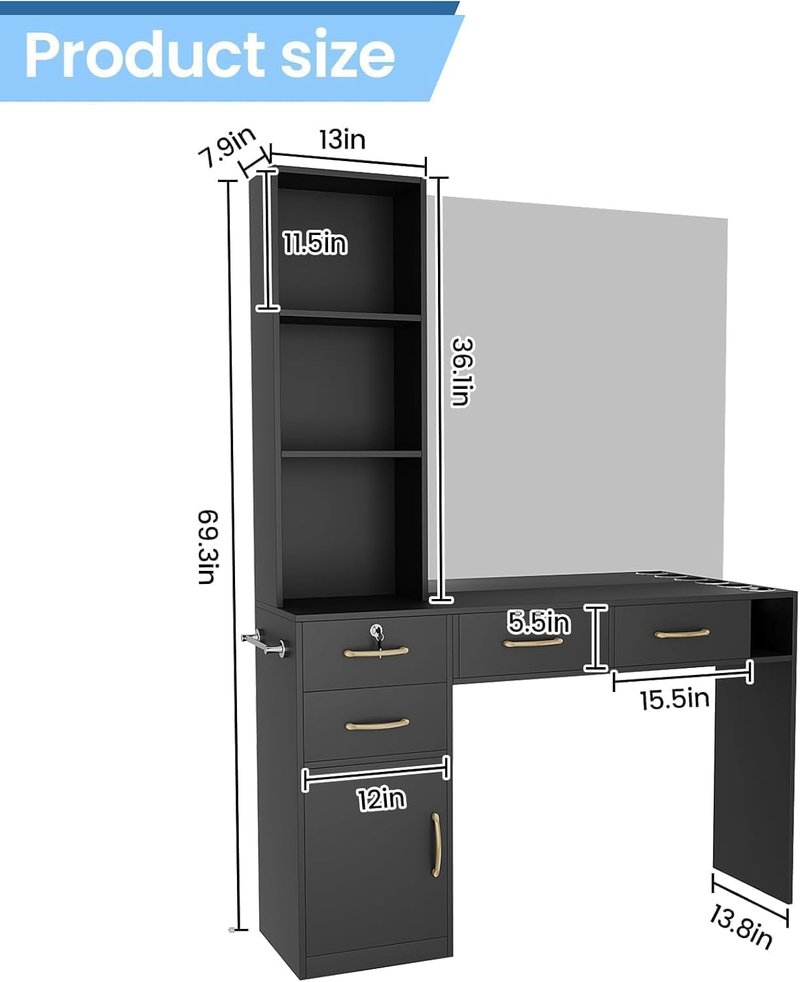 Skiennix Barber Station - Modern Hair Stylist Desk with 4 Drawers, Cabinet & Blow Dryer Holder