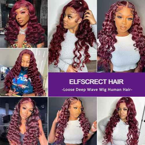 99j Loose Wave Lace Front Wigs Human Hair Pre Plucked Burgundy Loose Deep Wave 13x4 Hd Lace Front Wigs Human Hair for Women 180% Density 99j Burgundy Glueless Deep Wave Wig 22 Inch