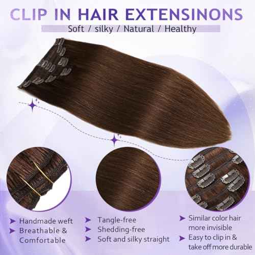 Clip in Hair Extensions Real Human Hair, 24inch 120g, 100% Brazilian Remy Human Hair Clip ins for Women, Straight Seamless Double Weft Hair Extensions, Invisible 8pcs, #4 Chocolate Brown