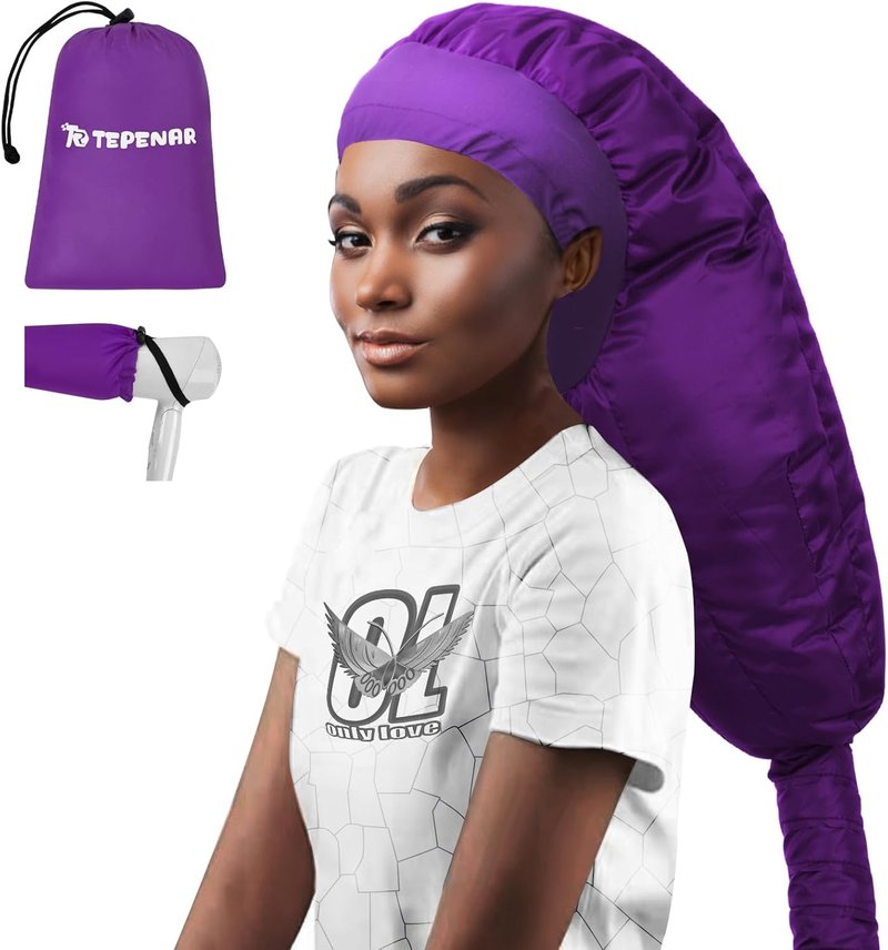 Hair Dryer Bonnet Attachment - Extra Large Adjustable Hooded Cap for Curly Hair Care | Fast Drying - Purple