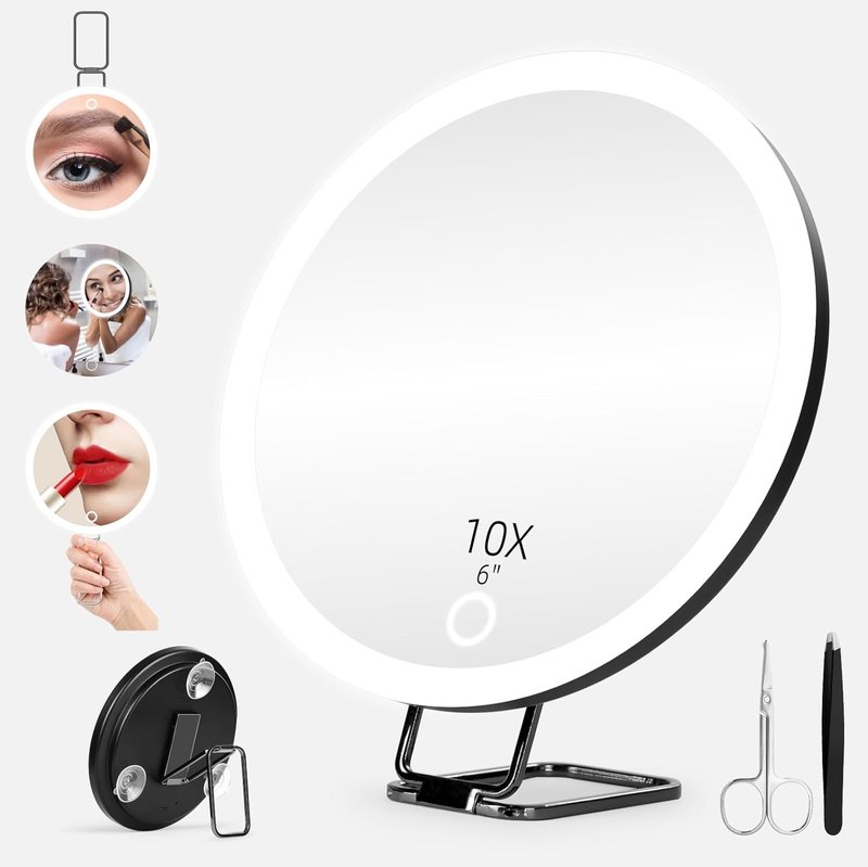 10X Magnifying Mirror with Lights - 6-Inch Lighted Makeup Mirror with 3 Suction Cups & 360° Adjustable Bracket | Includes Tweezers & Scissors