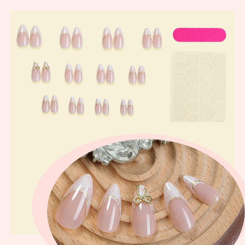 24Pcs White French Tip Press on Nails Medium Almond Fake Nails with 3D Bow Design Gold Line Artificial Stick on Nails Cute False Nails French Full Cover Glue on Nails for Women Manicure Salon Kits