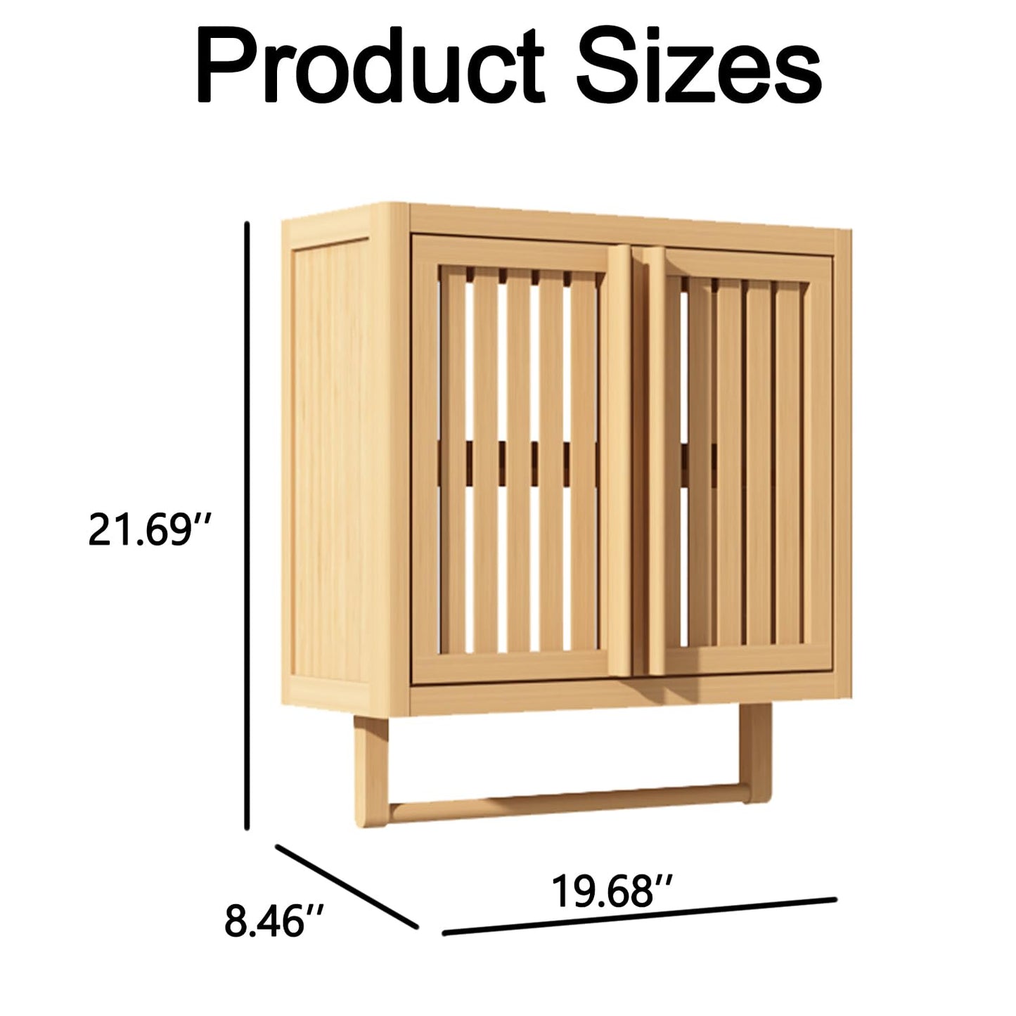 Bamboo Wall Cabinet for Bathroom, Over The Toilet Storage with Towel Bar, Adjustable Shelves, 2-Door Wall Mounted or Free Standing Cabinet for Kitchen, Laundry Room, Natural, 19.7x8.5x21.7In (Classic)