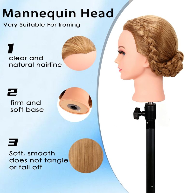 Human Hair Mannequin Head for Braiding - 22 Inch Straight Doll Head with Stand for Cosmetology & Hairdressing