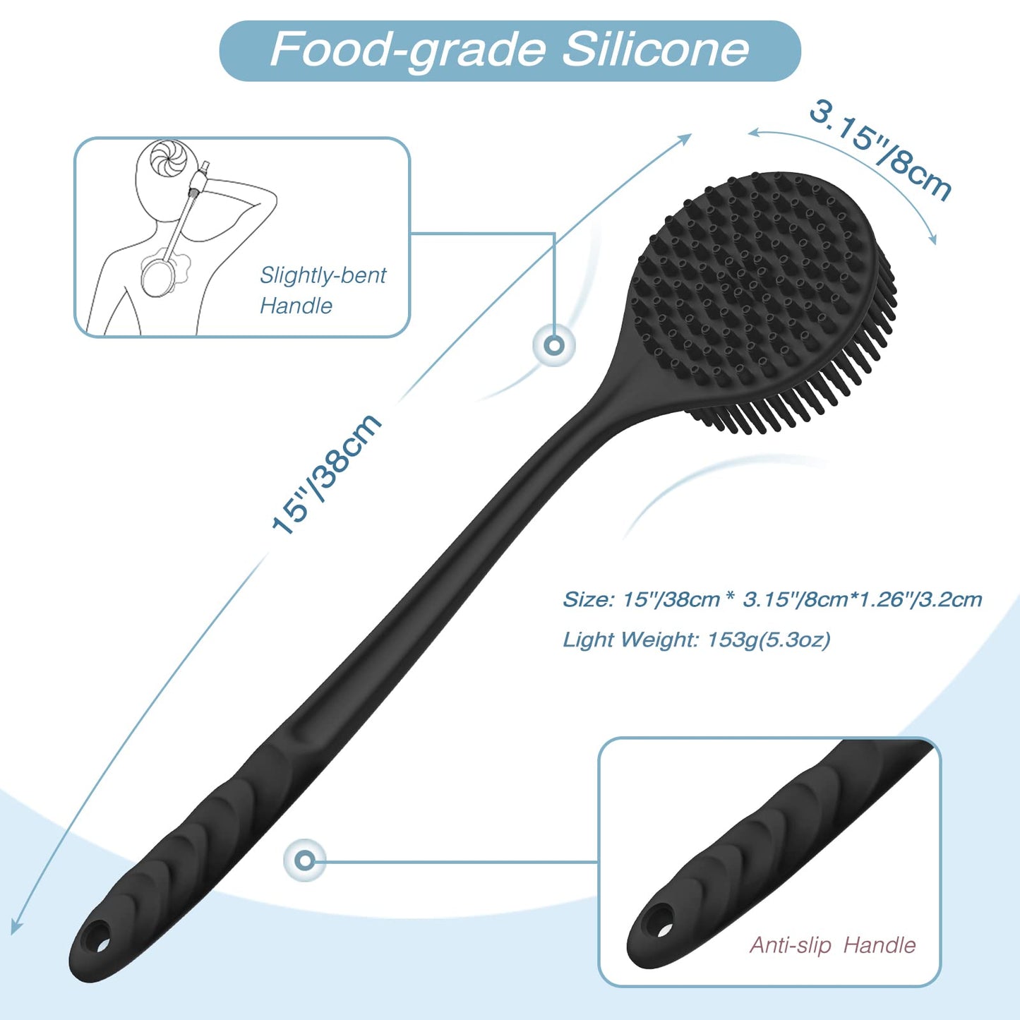 Manmihealth Silicone Back Scrubber for Shower(Thick Bristles), Body Scrubber with 15'' Long Handle, Light & Easy-to-Hold Shower Brush for Skin Exfoliating and Massaging, Not Good in Lathering.(Black)