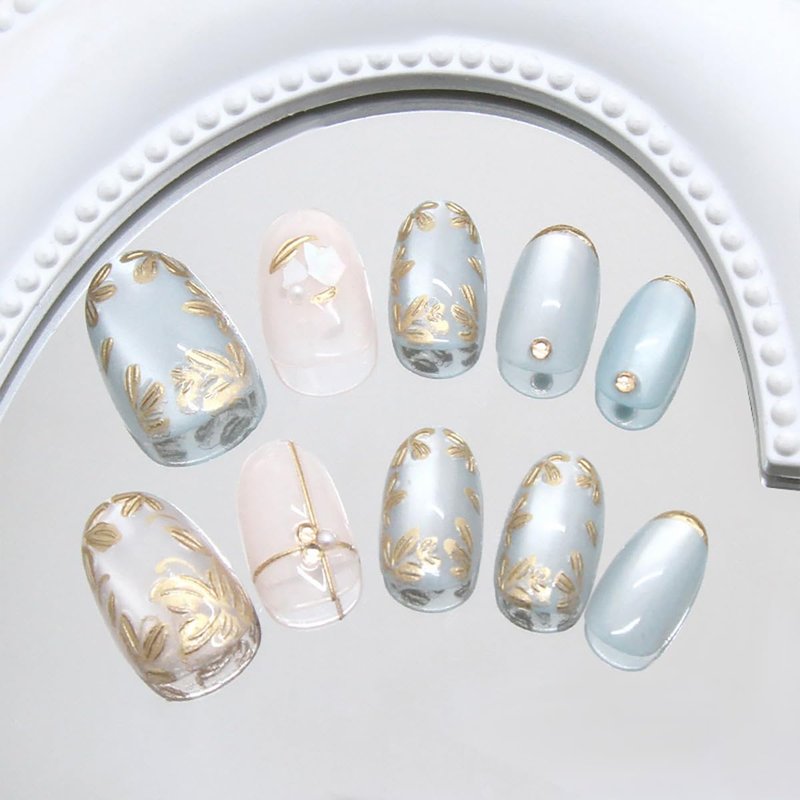 Flower Press-On Nails - 24 Pcs Short Almond Design with 3D Pearls & Gold Glitter | Spring/Summer Full Cover