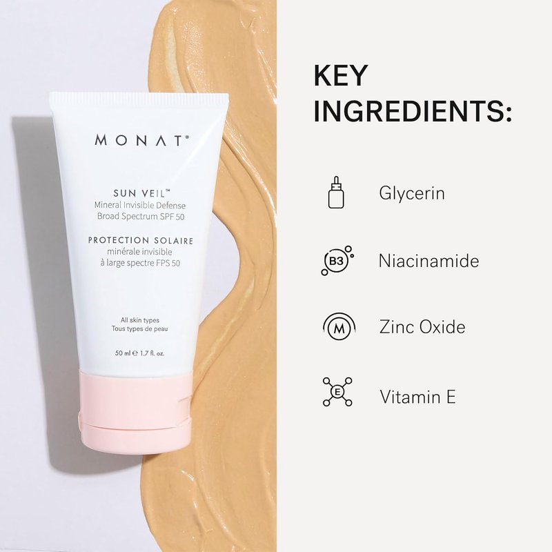 MONAT Sun Veil Mineral Sunscreen SPF 50 - Tinted Invisible Defense, Oil-Free Facial Protection, 1.7 Fl Oz