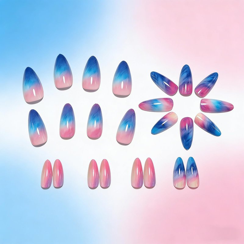 Colorful Gradient Press on Nails Medium Almond Fake Nails Summer Sunset False Nails Reusable Glossy Glue on Nail with Adhesive Stickers Full Cover Stick on Nail for Women 24Pcs