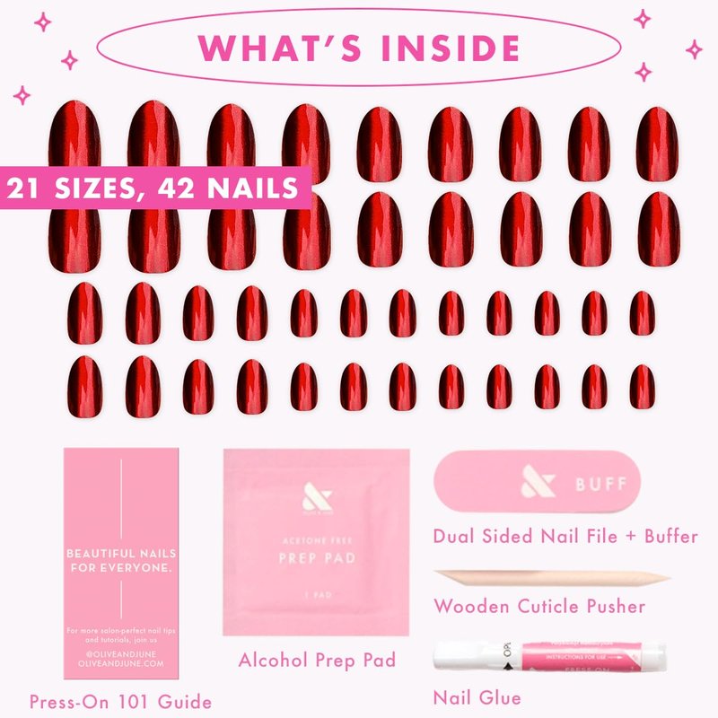 Olive & June Instant Mani Press-On Nails (Glue) | 42 Fake Nails, 21 Sizes | Non-Toxic, Long-Lasting Recycled Materials Realistic Look | Salon-Quality at Home | Medium, Oval | Obsessed Velvet
