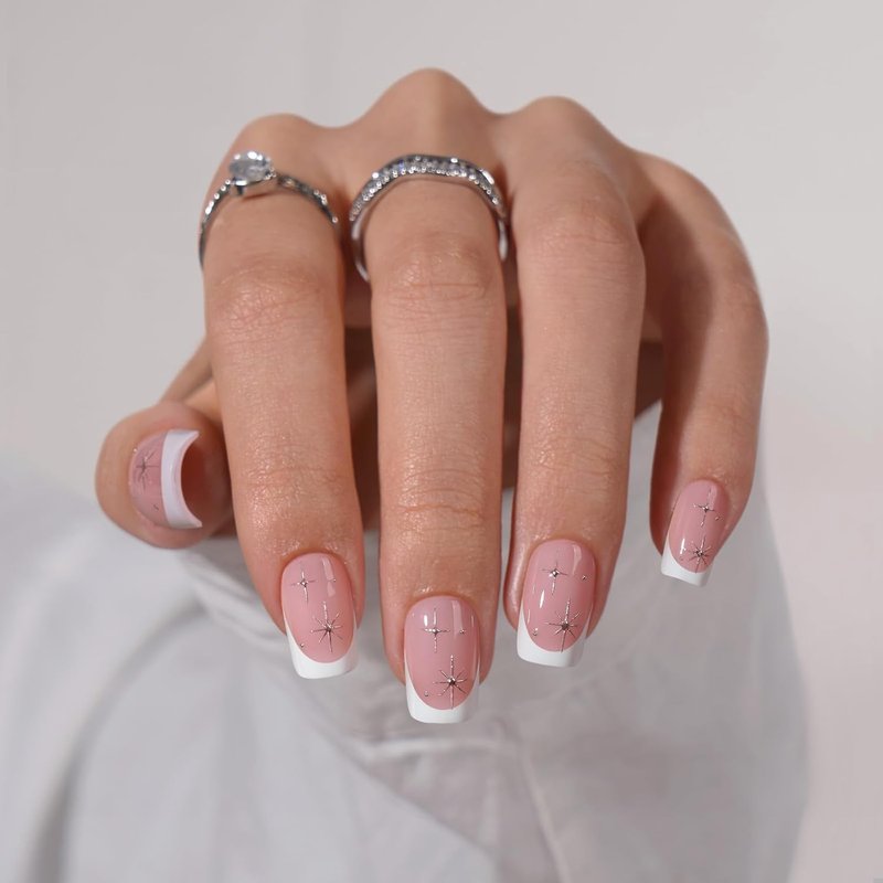 BTArtbox French Tip Press-On Nails - Short Christmas Design with Stars | Natural Soft Gel, Vanilla Cream & Starlit Sparkle