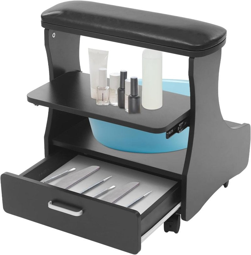 Portable Foot Rest Pedicure Trolley - 4 Wheels with Brakes, Practical Drawer | Black Spa Cart for Beauty Salons