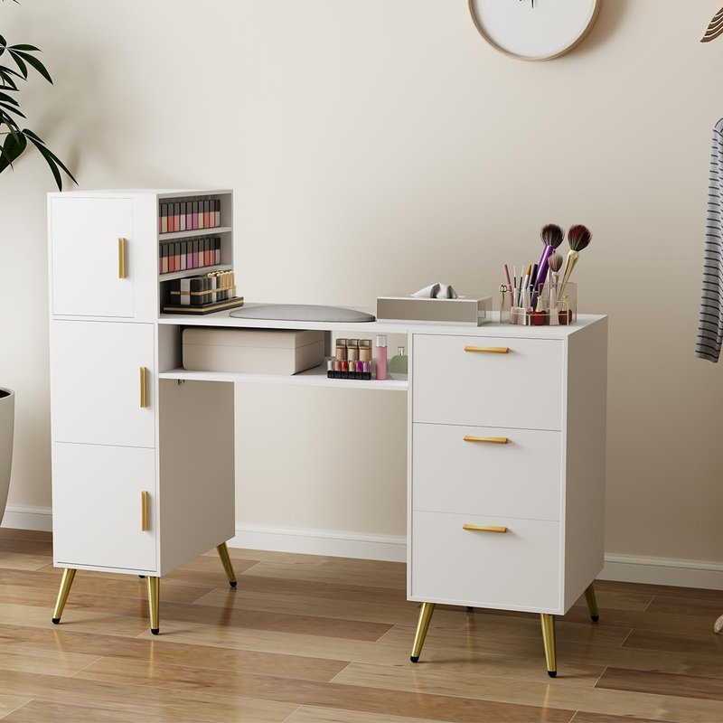 ARTETHYS Portable Nail Desk with Drawers White Manicure Table Nail Station with Shelves L-Shaped Salon Corner Nail Art Equipment for Nail Tech