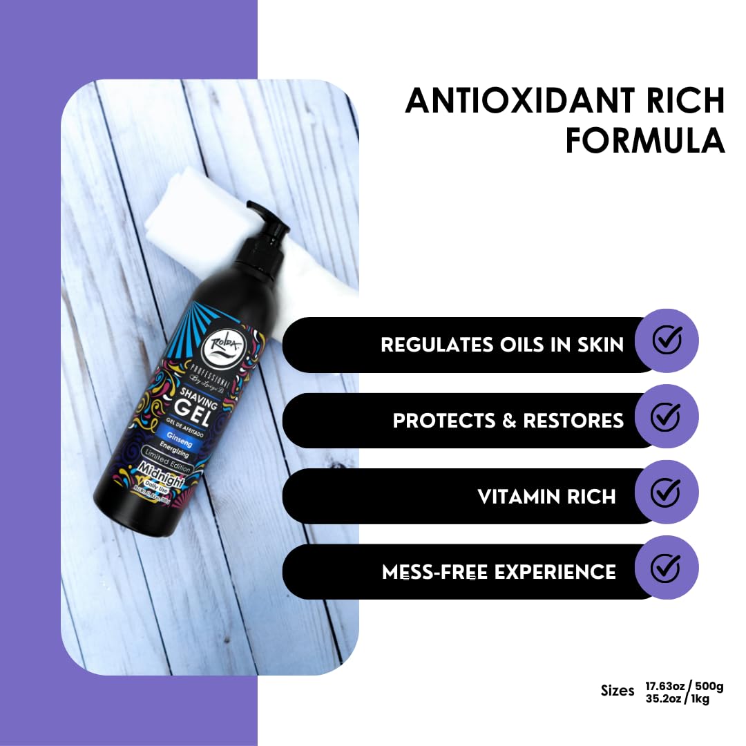 Rolda Midnight Ginseng Shaving Gel For Sensitive Skin - Clear Non-Foaming Shaving Gel for Men - No Bump Shave Gel, Mess-free Application, Anti-Aging, Fight Razor Burn, Smooth Shaves, 17.6oz