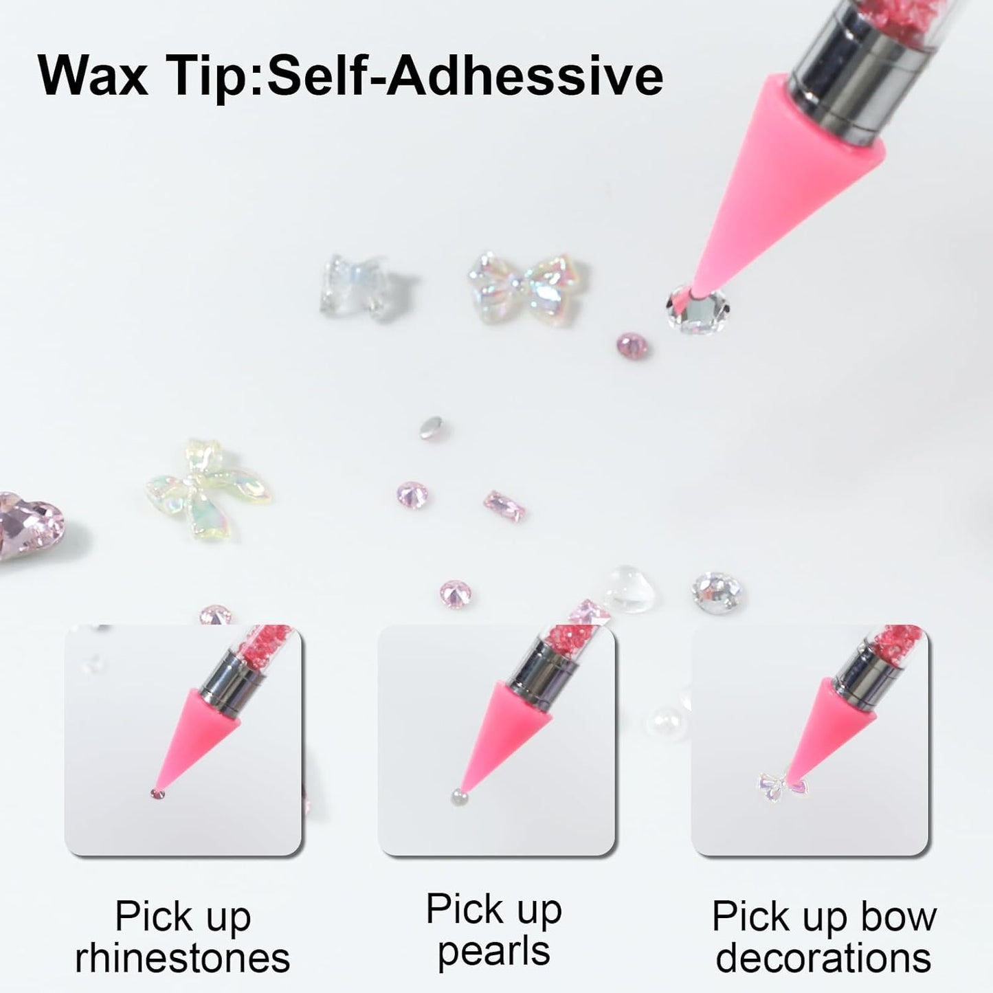 Skiennix Rhinestone Picker Tool - Dual-Ended Applicator Wax Pen with 6 Extra Tips & 2 Tweezers | Pink & White