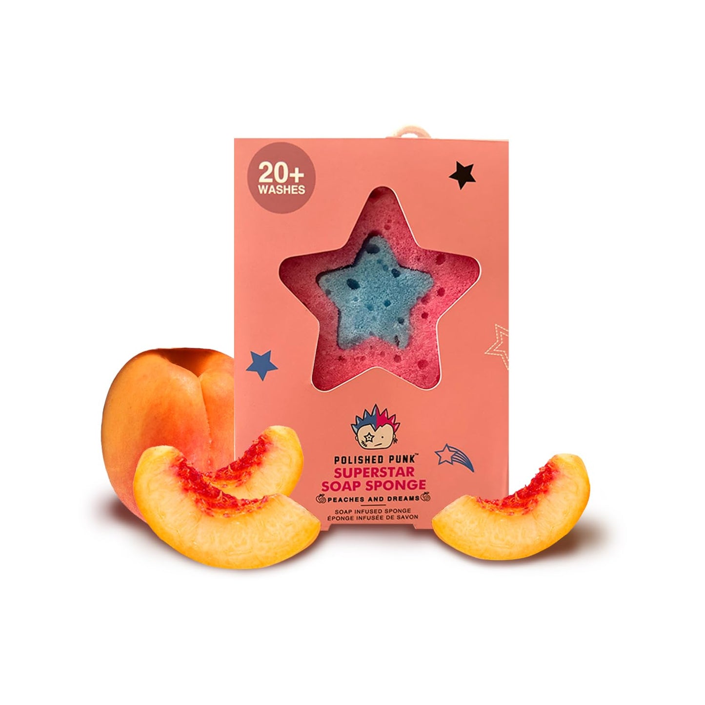 Polished Punk - All-Natural Soap-Infused Sponge for Kids and Tweens Body Wash, Gentle on Skin, 20+ Uses (Peaches and Dreams)