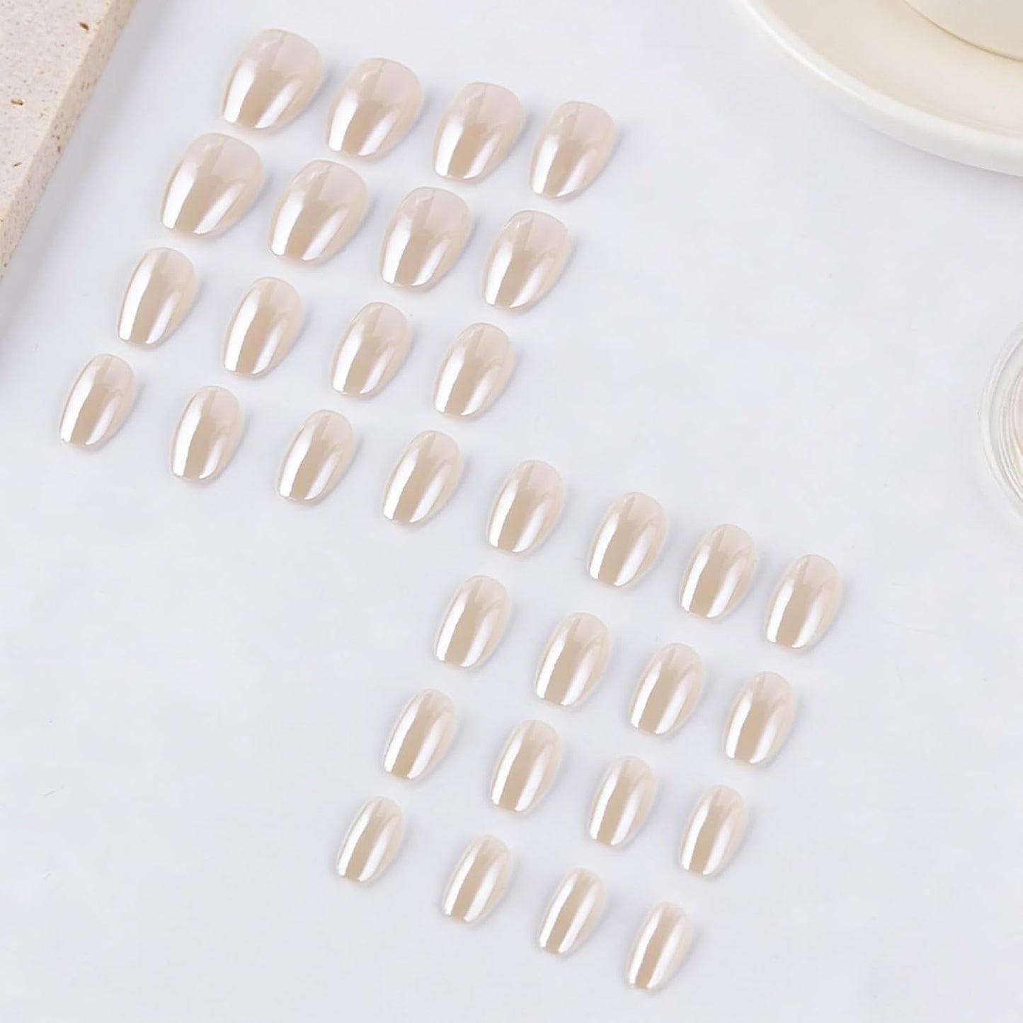Skiennix Short Oval Press-On Nails | Nude White Shimmer Pearl Finish | 32 Pcs Full Cover Set