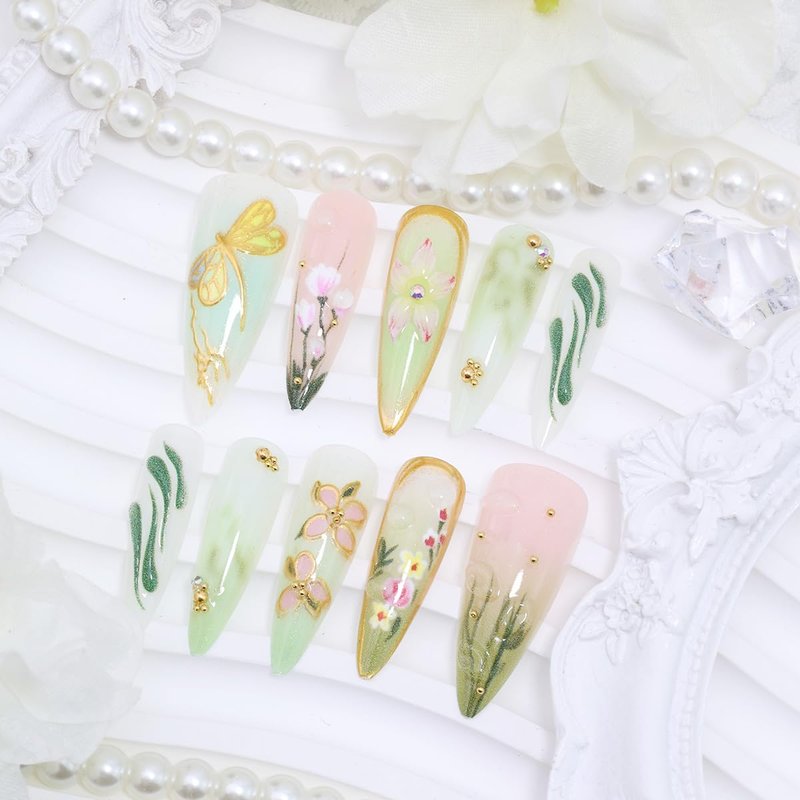 24Pcs Green Press on Nails Long Stiletto Fake Nails 3D Pink Flower Dragonfly with Gold Beads Glitter Designs Spring Summer False Nails Cute Stick on Nails for Women Acrylic Manicure Salon Decorations