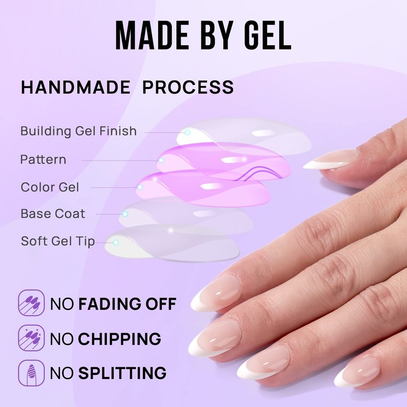 BTArtbox Press On Nails Short - Almond French Tip Press On Nails with Glue for Women, Soft Gel Glue On Nails in 16 Sizes - 32 Stick On Nails Kit, White French