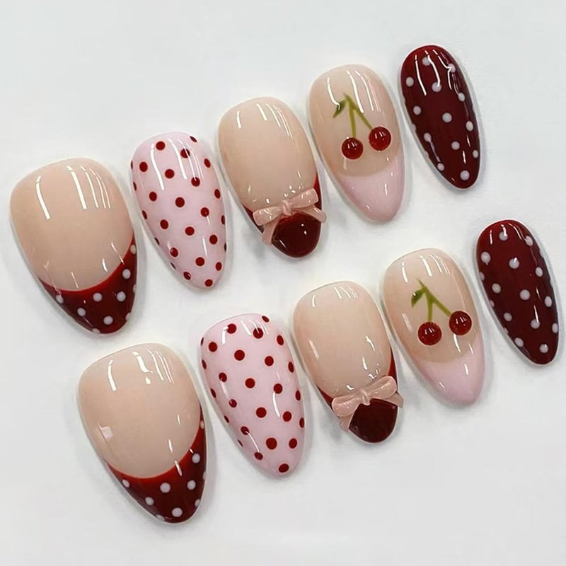 Skiennix 24Pcs Polka Dot Cherry Press-On Nails - Medium Almond Shape, Glossy Red Pink Tips, Reusable Acrylic for Women