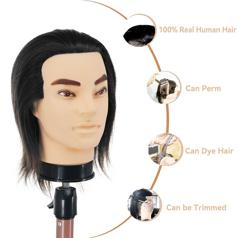 Barber Mannequin Head - 12'' Practice Head with Human Hair, Clamp Stand for Hairdresser Cutting & Styling