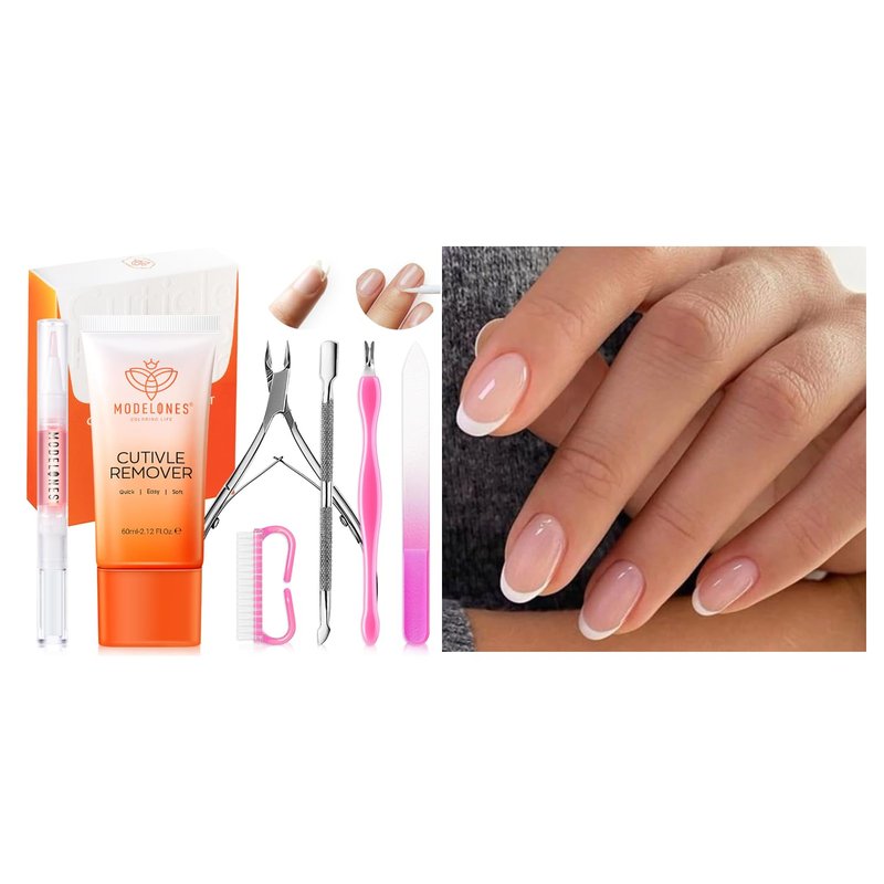 Modelones French Tip Press-On Nails - Complete Cuticle Remover Kit for Perfect Manicure