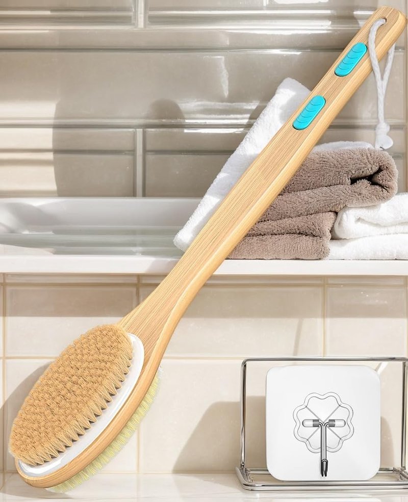 ManLinKei Back Scrubber for Shower, Long Handle Dual-Sided Shower Brush with Soft and Stiff Bristles, Body Exfoliator