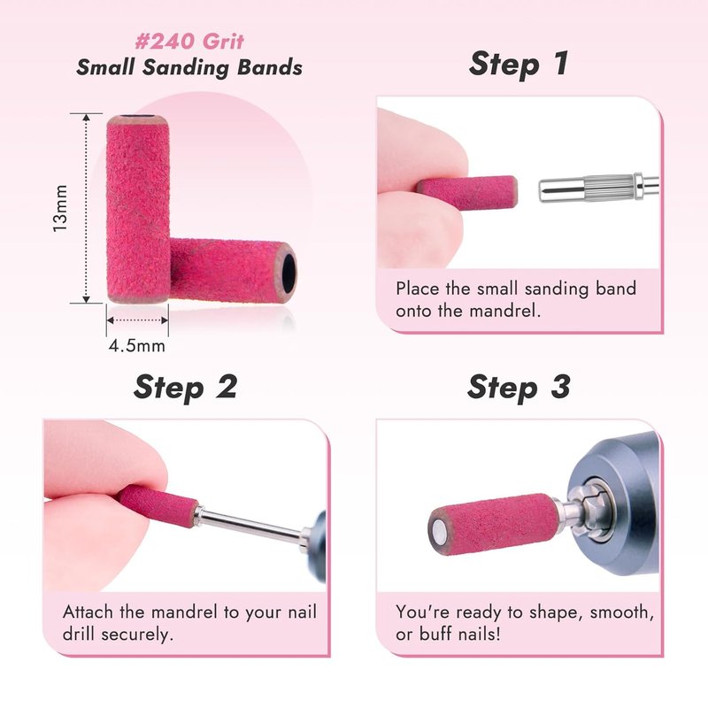 Finea Nail Drill Bits Set - 100 Pc 240 Grit Extra Fine Sanding Bands | Mini 3/32" Mandrel for Efile - Rose Red